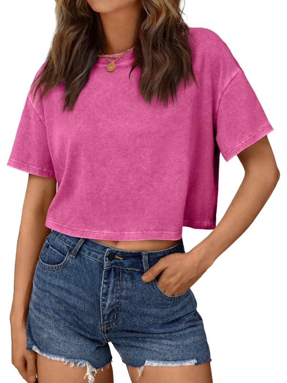Women's Hot Pink Short Sleeve ACID Wash Casual Summer Baggy Cotton Crop Tops